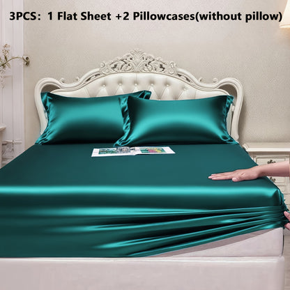 Satin Fitted Sheet Set with Pillowcases – Cooling Smooth Breathable Wrinkle-Resistant Bed Sheets, Machine Washable Ultra Soft for Hot Sleepers, Twin Full Queen King, Multiple Colors