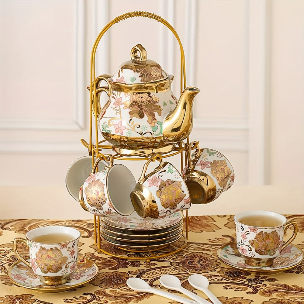 European Floral Ceramic Tea Set 20 Pcs – Italian Style Afternoon Tea Set with Metal Stand – Blooming Pattern Teapot & Cups – Elegant Gift for Tea Lovers & Special Occasions – Golden