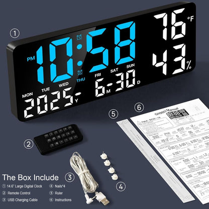 Large Digital Wall Clock with Remote Control – 14.6" LED Display Dual Alarm Clock with Night Light, Temperature, Humidity, Date & Week – RGB Color-Changing Bedroom & Living Room Clock Gift for Elderly