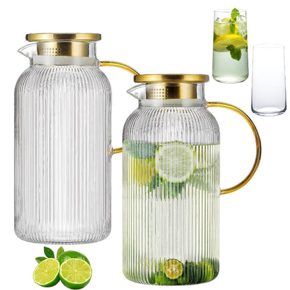 Glass Pitcher with Stainless Steel Lid 68oz 2 Liter Borosilicate Water Pitcher Carafe for Cold Brew, Lemonade, Iced Tea & Milk – Heat Resistant, 2 or 4 Pack
