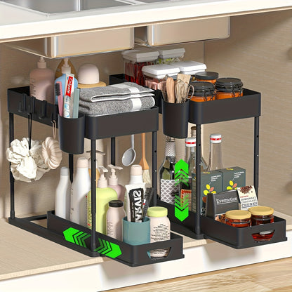 Under Sink Organizer 2-Tier Sliding Cabinet Basket with Hooks – Adjustable Bathroom Kitchen Shelf Storage Rack for Cabinets