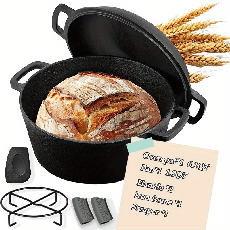Cast Iron Dutch Oven Set – 6.1QT Deep Pot + 1.9QT Frying Pot, 2-in-1 Cookware with Silicone Handles, Iron Frame & Scraper, Oven, Stovetop, Induction & BBQ Compatible, 6-Pack Bundle