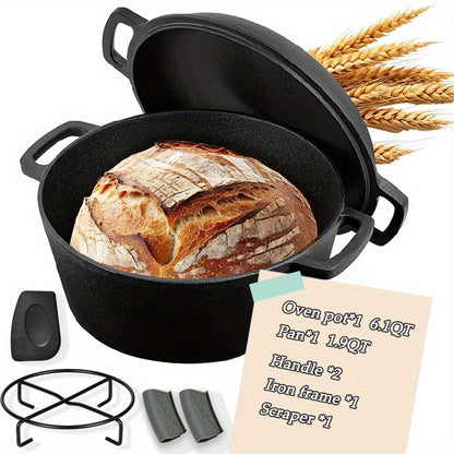 Cast Iron Dutch Oven Set – 6.1QT Deep Pot + 1.9QT Frying Pot, 2-in-1 Cookware with Silicone Handles, Iron Frame & Scraper, Oven, Stovetop, Induction & BBQ Compatible, 6-Pack Bundle