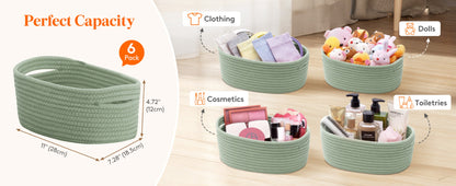 Woven Storage Baskets 6-Pack Cotton Rope Cube Bins 11x7x5" | Handmade Small Shelf Baskets for Organizing Closet Bedroom Living Room Playroom | Round Decorative Storage Caddy Multiple Colors