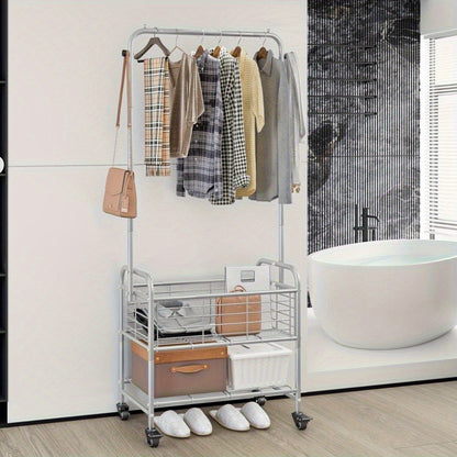 Rolling Laundry Basket with Wheels and Hanging Rack, Laundry Sorter Cart with Shelf and Locking Casters, Heavy Duty Steel Frame, Multifunctional Clothes Hamper for Laundry Room Bedroom Bathroom, White Black Silver
