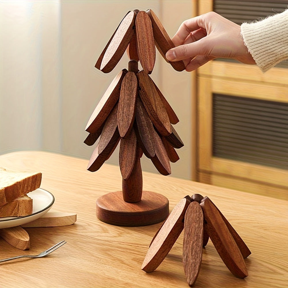 Solid Wood Trivet Mat Set 6pcs with Storage Rack – Heat-Resistant Tree-Shaped Coasters, Natural Foldable Wooden Kitchen Trivets for Hot Dishes, Pots, Bowls & Teapots