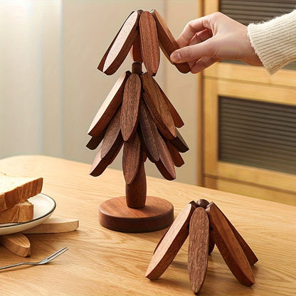 Solid Wood Trivet Mat Set 6pcs with Storage Rack – Heat-Resistant Tree-Shaped Coasters, Natural Foldable Wooden Kitchen Trivets for Hot Dishes, Pots, Bowls & Teapots