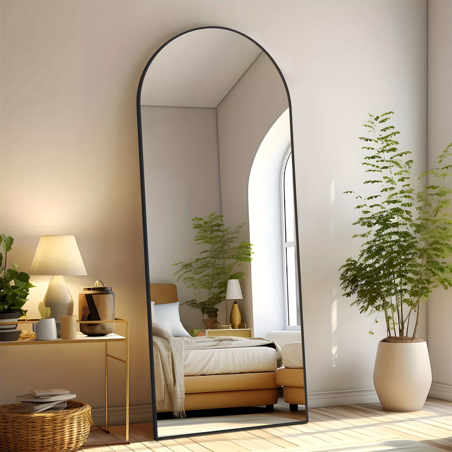 Full Length Mirror Floor Standing with LED Light - Arched & Rect Aluminum Frame Dressing Mirror for Bedroom Living Room, Black/Golden/White