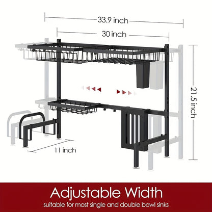 Over-the-Sink Dish Drying Rack Expandable 2-Tier 304 Stainless Steel Adjustable 30-34 Inch with Utensil Holder Knife Holder Cutting Board Holder and 5 Hooks for Kitchen