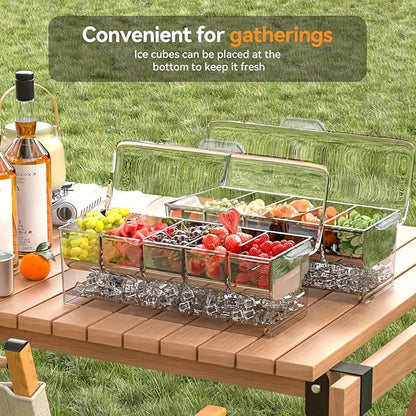 Fruit Salad Bowl with Lid and 5 Compartments, Portable Chilled Serving Tray with 5 Forks and 2 Tongs, Detachable Fruit Storage Box for Party Entertaining Bar Decoration Buffet Table