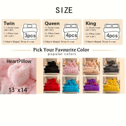 Faux Fur Duvet Cover Set Twin Queen King Super Soft Plush Comforter Cover with Pillowcases Heart Pillow for Kids Teens Machine Washable Bedroom Decor