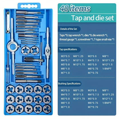 Metric Tap and Die Set 12pcs or 40pcs, M3-M12 Hand Thread Tapping Tool Kit with Plug Taps, Straight & Cone Reamers, Manual Threading Tool for DIY, Household Repair & Metalworking