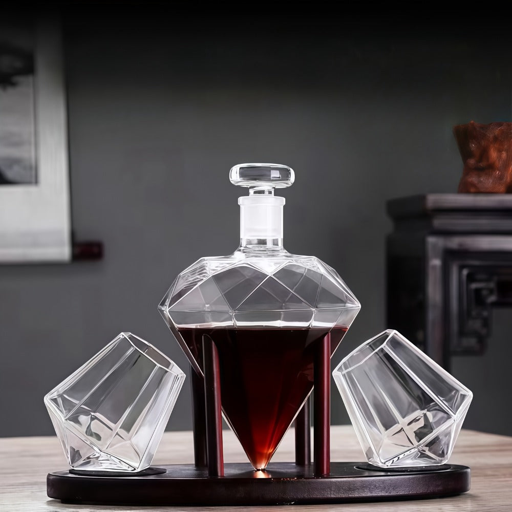 Whiskey Decanter Set with 2 Diamond Glasses & Wooden Rack | Brick Stone Design – Bourbon Rum Vodka Tequila Gift Set for Men Home Bar