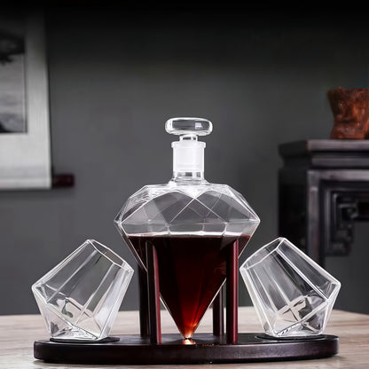 Whiskey Decanter Set with 2 Diamond Glasses & Wooden Rack | Brick Stone Design – Bourbon Rum Vodka Tequila Gift Set for Men Home Bar