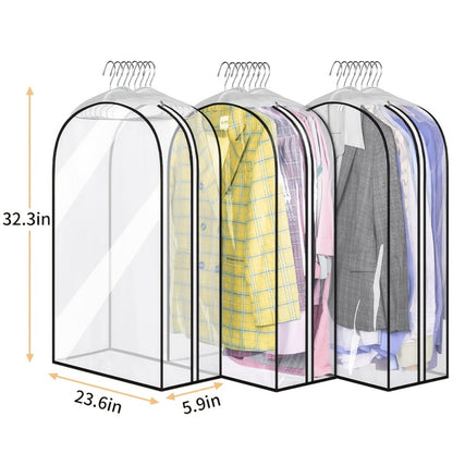 Garment Bags for Hanging Clothes, 3-Pack Transparent Suit Bags with Zipper, Heavy Duty EVA Coat Covers for Wardrobe Closet Storage, Fits 32 40 50 60 Inch Dresses Shirts Coats