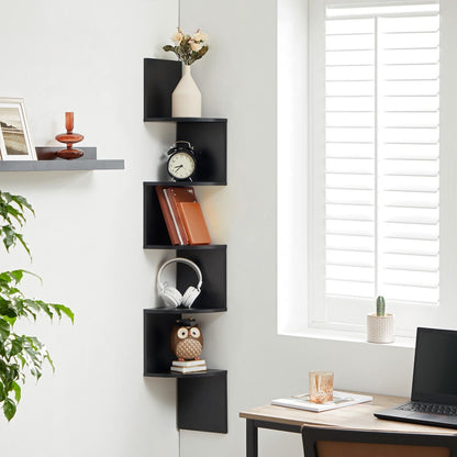 Corner Floating Shelf 5-Tier Wall Mount, Space Saving Storage Rack for Bedroom Living Room, Radial Display Organizer, Easy Install, 7.9"×7.9"×49.6", Black White Brown Greige Beige