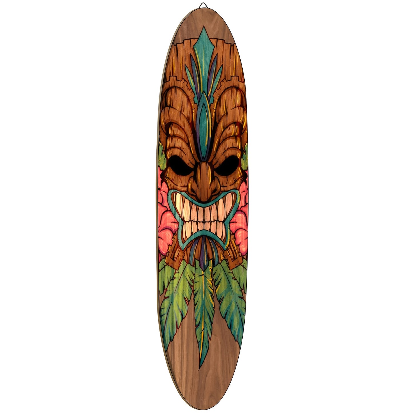 Wooden Surfboard Wall Art 15.74" – Rustic Tropical Beach Decor with Hibiscus & Tiki Mask Design, Frameless Recycled Wood Wall Hanging for Hawaiian Bar, Home, Summer & Vacation Theme Decor