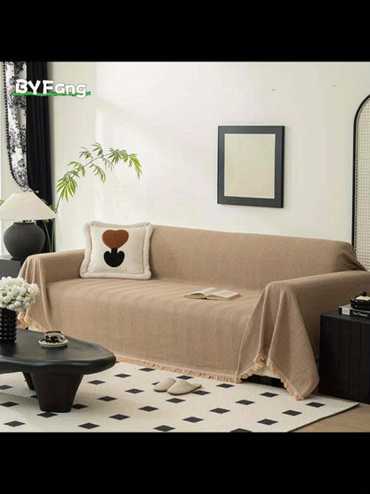 Herringbone Sofa Throw Cover with Tassels Jacquard Woven Solid Color Washable Polyester Sofa Blanket Slipcover for 3 4 Seater Couch Living Room - Grey Coffee Green Blue
