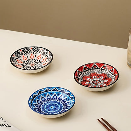 Ceramic Condiment Dish Set of 10 – Bohemian Small Saucer Dipping Bowls for Soy Sauce, Vinegar & Spices | Kitchen, Restaurant, Party, BBQ & Picnic Use | Machine Washable