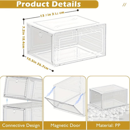 Clear Shoe Organizer Box 6-Pack, Stackable Shoe Storage with Magnetic Door, Dustproof Sneaker Display Case for Women & Men, Front-Loading Large Plastic Closet Shoe Rack for Boots & Hats