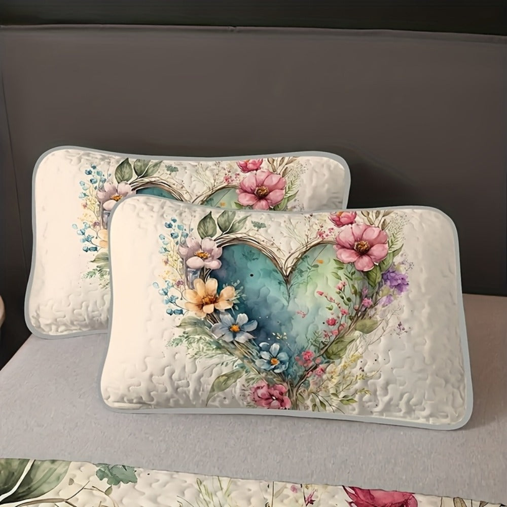 Floral Watercolor Quilt Set – Heart Botanical Print, Soft Breathable Hypoallergenic Bedspread, Twin Full Queen King, All Seasons – Romantic Bedroom Decor