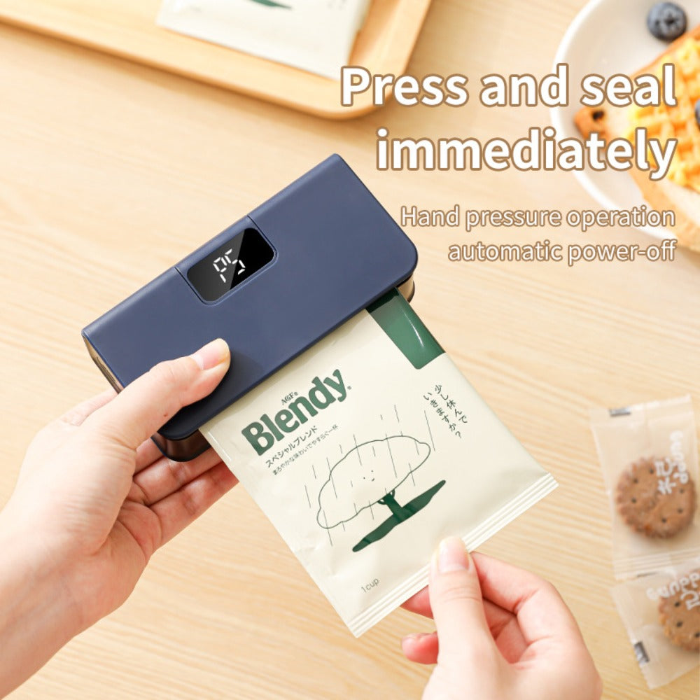 Portable Mini Bag Sealer USB Rechargeable – Handheld Food Sealer with Built-In Cutter for Fruits, Vegetables, Snacks & Chips – Compact Kitchen & Outdoor Picnic Sealing Tool, White & Blue