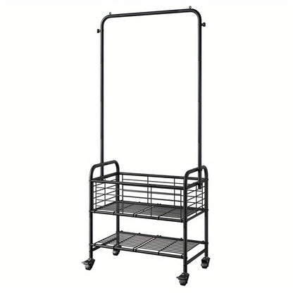 Rolling Laundry Basket with Wheels and Hanging Rack, Laundry Sorter Cart with Shelf and Locking Casters, Heavy Duty Steel Frame, Multifunctional Clothes Hamper for Laundry Room Bedroom Bathroom, White Black Silver