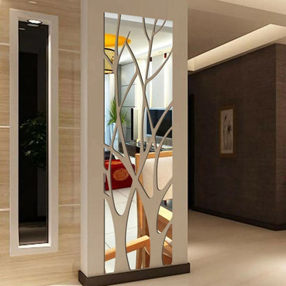 3D Mirror Tree Acrylic Wall Sticker – Removable Reflective Wall Decal for Living Room, Bedroom, TV Wall & Sofa Area | Glossy Silver Mirror Finish Wall Art Decor | 1000x280mm