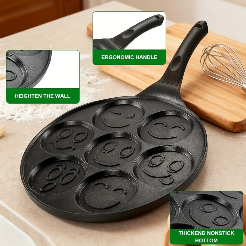 Non-Stick Pancake Pan 7-Hole Smiley Face – Fun Breakfast Egg & Bacon Frying Tray for Kids & Family, Easy to Clean, Mini Pancake Maker Baking Pan Kitchen Cooking Tool