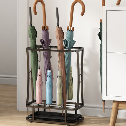 Metal Umbrella Stand with Drip Tray – 4-Tier Freestanding Umbrella Holder, Sleek Polished Finish, Space-Saving Entryway Storage for Home Office & Commercial Use, Black