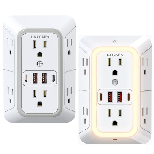 Outlet Splitter Wall Expander 10-in-1 with 6 AC Outlets 2 USB-A 2 USB-C Ports 3-Sided Plug Extender Surge Protector Night Light Compact Space-Saving Design for Home Dorm Apartment Office