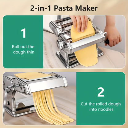 Manual Pasta Maker Machine Stainless Steel – Hand Crank Pasta Roller for Spaghetti Fettuccine Lasagne Noodles, Adjustable Thickness, Anti-Slip Handle, Fresh Homemade Pasta Kitchen Gadget Gift for Foodies