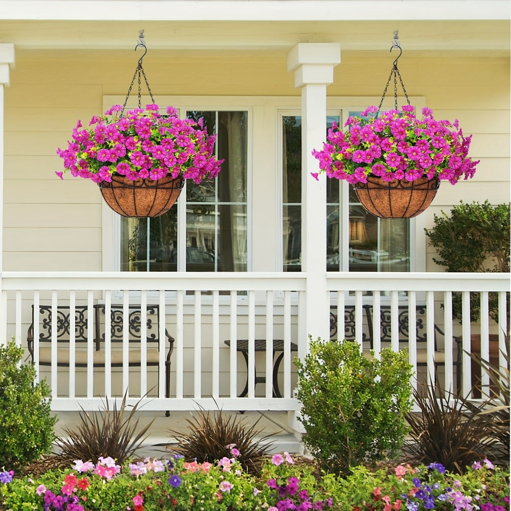 Artificial Hanging Flowers Outdoor UV-Resistant Fake Petunias with Planter Basket – Realistic Faux Hanging Plants for Garden Patio Porch Balcony Railing Decor