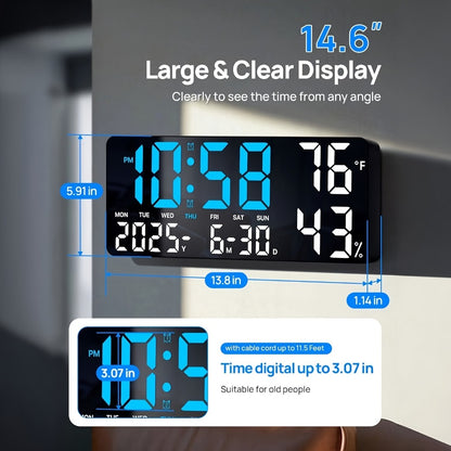 Large Digital Wall Clock with Remote Control – 14.6" LED Display Dual Alarm Clock with Night Light, Temperature, Humidity, Date & Week – RGB Color-Changing Bedroom & Living Room Clock Gift for Elderly
