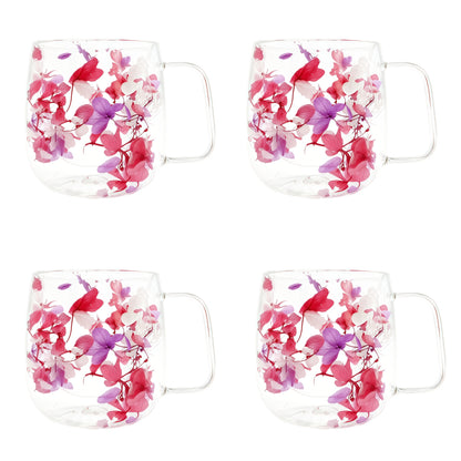 Double Wall Glass Coffee Cups with Handle Set of 4 – Borosilicate Thermal Mugs for Latte Cappuccino Tea | Dried Flower & Petal Design Transparent Drinkware for Office Home Gifts