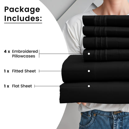 Fitted Sheet Set 6-Piece Brushed Polyester Deep Pocket Bed Sheets 20 Colors Hotel Luxury Soft Bedding with Embroidered Pillowcases