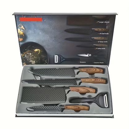 6-Piece Kitchen Knife Set – Chef's Knife, Slicing Knife, Scraper & Scissors | High Carbon Stainless Steel, Ergonomic Wooden Handle, Gift Box