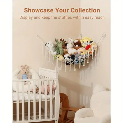 Stuffed Animal Storage Hammock with Lights Corner Hanging Toy Net Organizer for Nursery Bedroom Kids Room Decor Plush Toy Holder Christmas Halloween Easter Gift