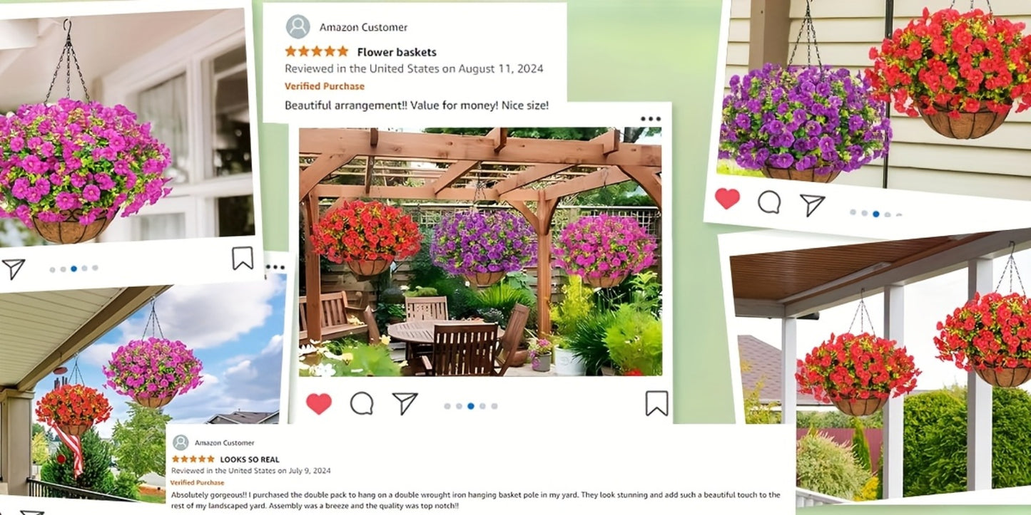 Artificial Hanging Flowers Outdoor UV-Resistant Fake Petunias with Planter Basket – Realistic Faux Hanging Plants for Garden Patio Porch Balcony Railing Decor