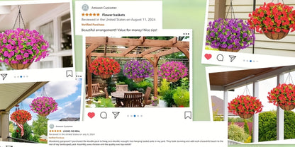 Artificial Hanging Flowers Outdoor UV-Resistant Fake Petunias with Planter Basket – Realistic Faux Hanging Plants for Garden Patio Porch Balcony Railing Decor