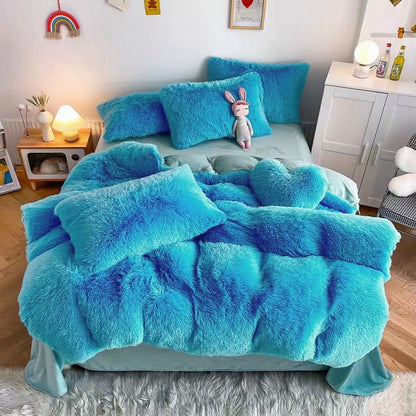 Faux Fur Duvet Cover Set Twin Queen King Super Soft Plush Comforter Cover with Pillowcases Heart Pillow for Kids Teens Machine Washable Bedroom Decor