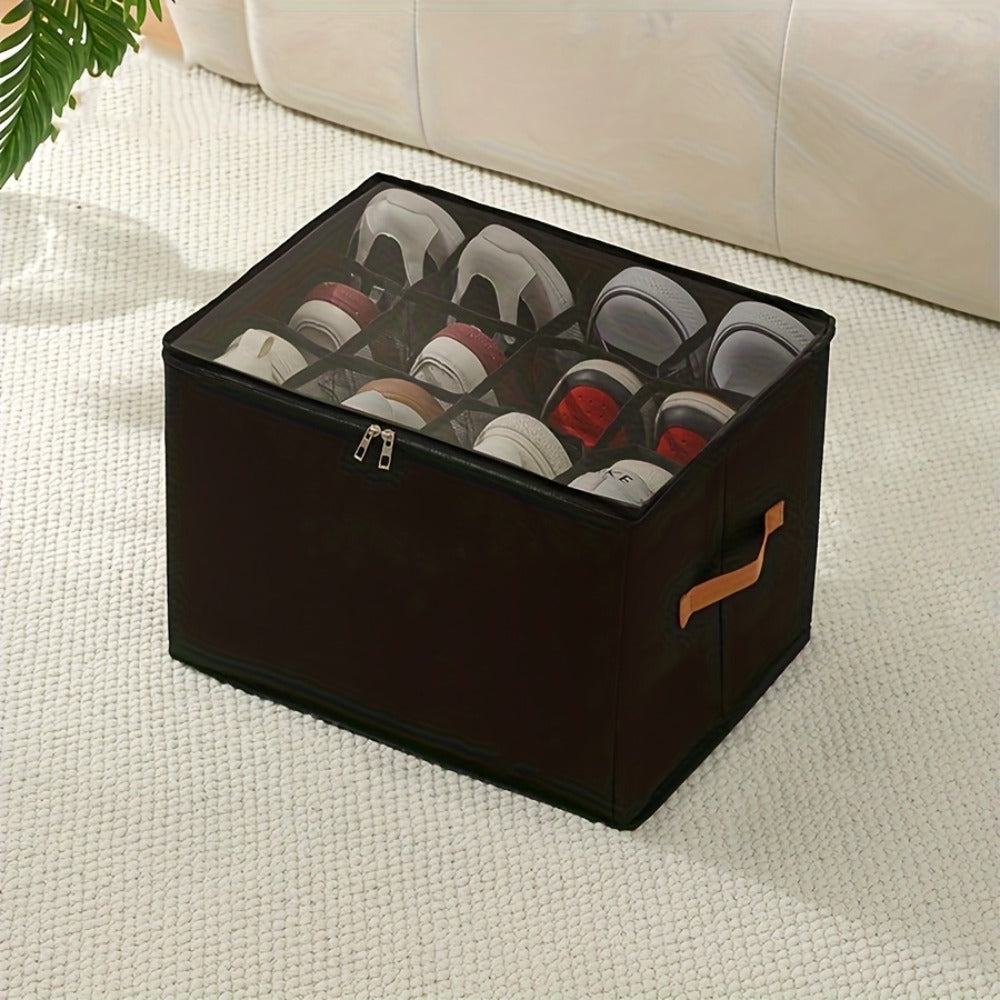 Oxford Fabric Shoe Storage Organizer with Adjustable Dividers, Transparent Lid & Handles – Holds 12 Pairs, Foldable, Zippered Dustproof, 2 or 4 Pack