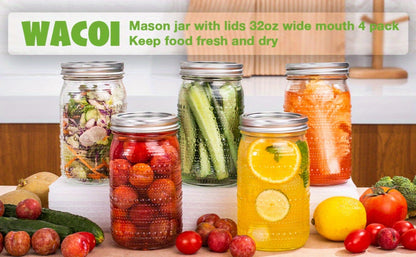 Mason Jars 32 oz Wide Mouth with Lids 4 Pack – Glass Canning Jars for Food Storage, Meal Prep, Pickling, Fermenting & Pantry Organization, Dishwasher Safe, Leak-Proof Split Seal Lid