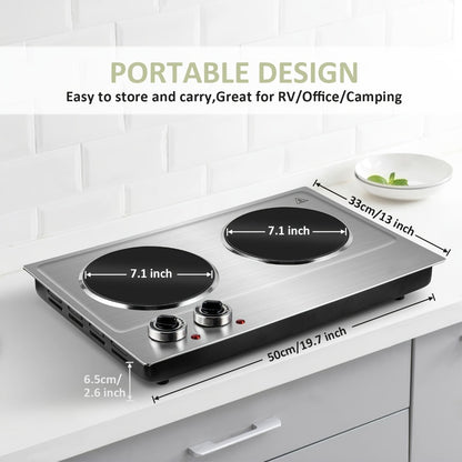 Electric Infrared Cooktop Double Burner Hot Plate – 1800W Portable Dual Temperature Control, Easy-Clean Smooth Surface, Countertop Infrared Stove for Home Kitchen & Dorm, Black or Silver