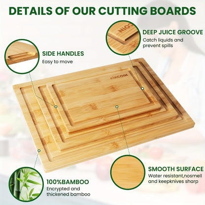 Bamboo Cutting Board Set 4pcs with Rack Juice Groove Knife Friendly Oversized Kitchen Chopping Boards for Meat Vegetables Fruit Multifunctional Gift for Family