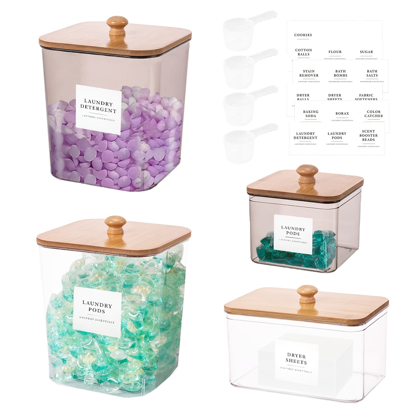 Laundry Pod Containers Set of 4 with Lids Scoops and Labels – Laundry Room Organization Storage Canisters for Pods Detergent Dryer Balls Scent Beads Mixed Color