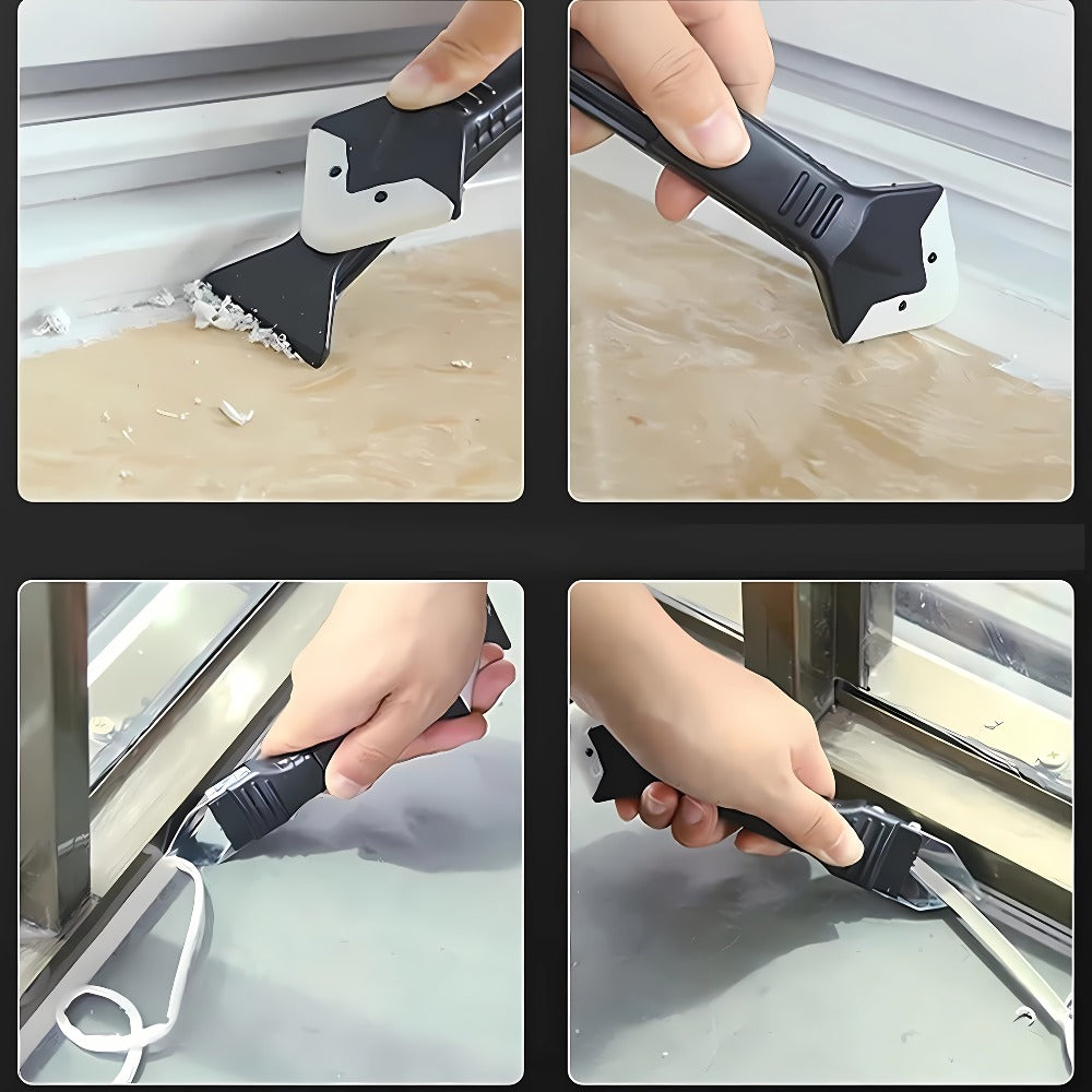 Grout Removal Tool Set 6-in-1 with 5 Replaceable Stainless Steel Blades – Multi-Function Tile Grout Scraper, Putty Knife & Caulk Gun for Kitchen, Bathroom, Floor & Window Renovation