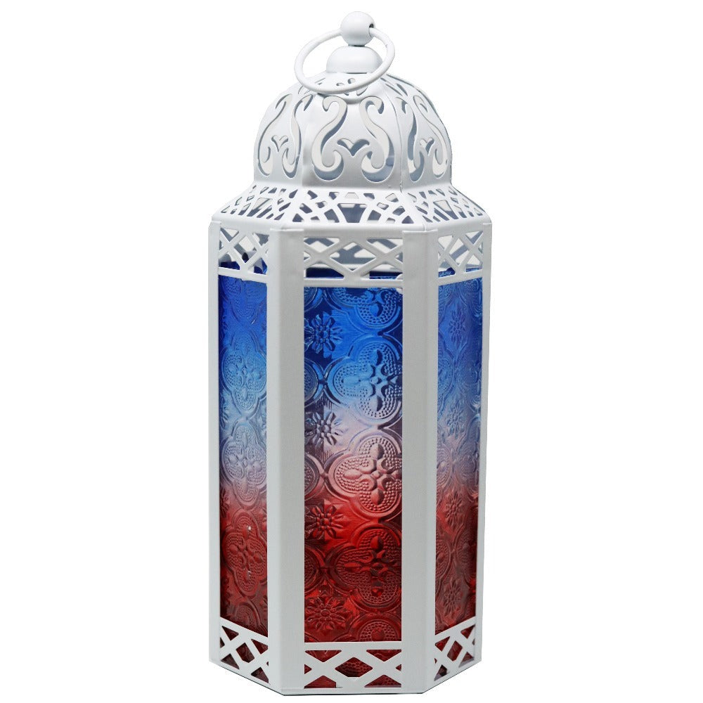 Moroccan Candle Lantern Holder - Decorative Metal & Glass Lantern with Embossed Floral Design for Indoor Home Decor, Garden, Patio, Weddings, Ramadan, Halloween & Holiday Celebrations - 10.5" Tall Medium Size