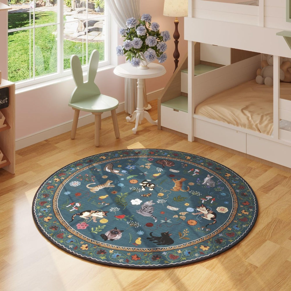 Boho Cat Floral Area Rug – Vintage Blue Animal Print Low Pile Carpet, Non-Slip Soft Rug for Living Room, Bedroom & Dining Room, Round & Runner Sizes, Easy Clean