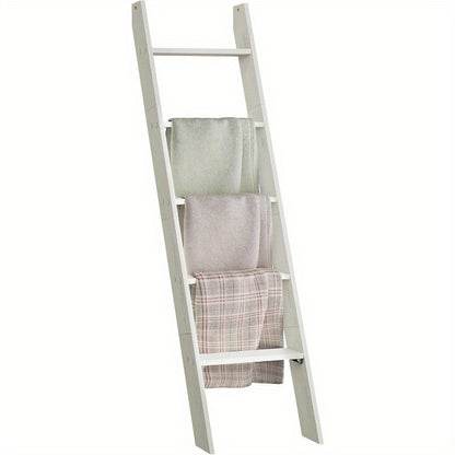 Blanket Ladder Shelf 5-Tier Freestanding Wood Ladder Rack for Blankets Towels Books Decor, Modern Farmhouse Ladder Shelf Wall Leaning Storage Organizer for Living Room Bedroom, 4 Colors